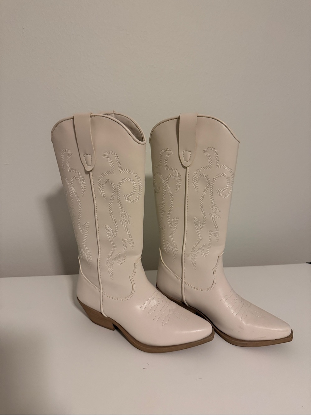 Steve Madden Windie Boots - Cream Western Knee-High Heeled Boots